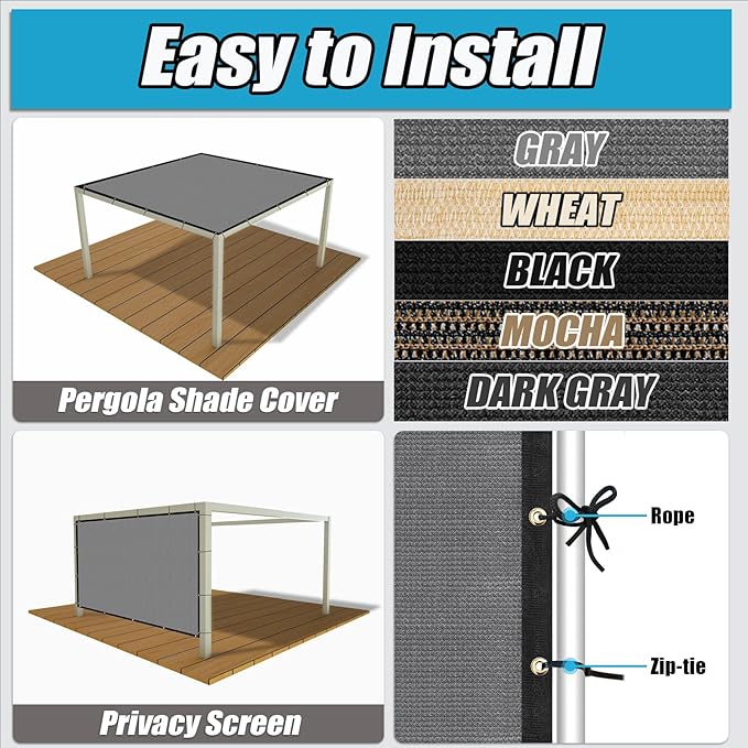 Amagenix 90% Shade Fabric 8'X 8' Gray Sun Shade Cloth with Grommets for Pergola Replacement Shade Cover Canopy, Heavy Duty, Cable Zip Ties Included (We Customized)