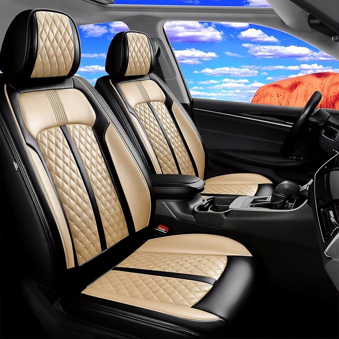 Car Seat Covers for Select Honda Fit 2007-2020, Premium Full Coverage Leather, Airbag Compatible& Scratch-Resistant, Waterproof & All Weather Breathable Seat Protector, Full Set, Black+Beige