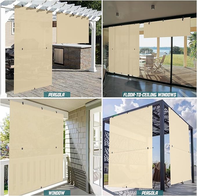 Bynbbur 4'W x 8'H Outdoor Patio Shades Foldable Roller Blinds, 220 GSM Sun Shade Roll Up Porch Screens Exterior Shade Cloth for Deck Pergola Backyard, Beige
