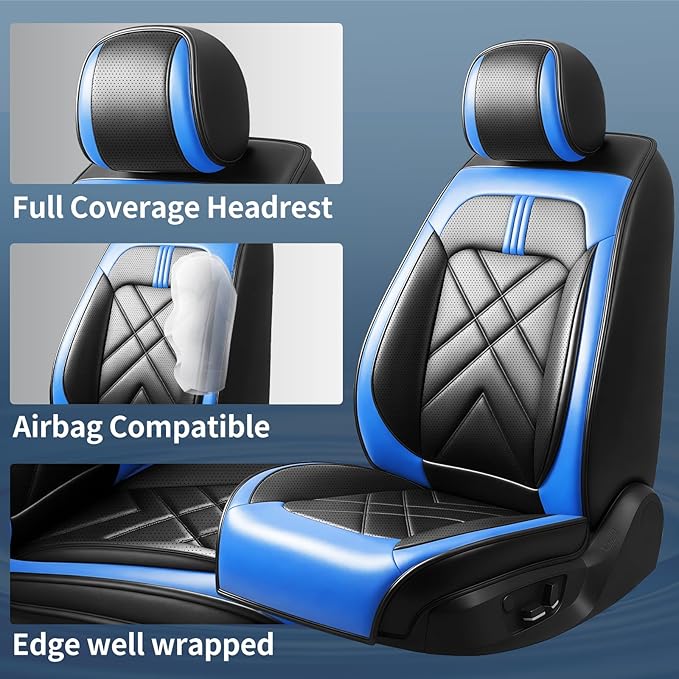 Car Seat Covers Compatible with Mazda 6 2007-2021, Full Coverage Premium Leather Waterproof Breathable Seat Covers, Automotive Seat Protectors, Airbag Compatible(2 Front Seats, Black-Blue)