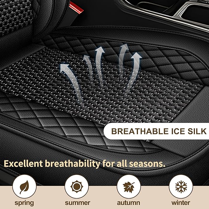 TTX LIGHTING for GMC Acadia 2017-2026 Car Seat Covers, Breathable Ice Silk & Leather Seat Protector, Cool & Anti-Sweat for Long Driving, Airbag Compatible, 2 Front Seats (Black)