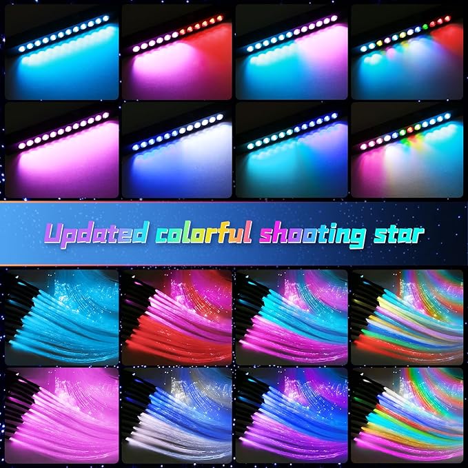 Split Car Starlight Headliner Kit, 4 Colors 12W Meteor Fiber Optic Starlight Kit, 600pcs*0.02in*9.8ft+240 RGBW Sound Activate Shooting Star Lights for Ceiling Car Roof/Home Decor