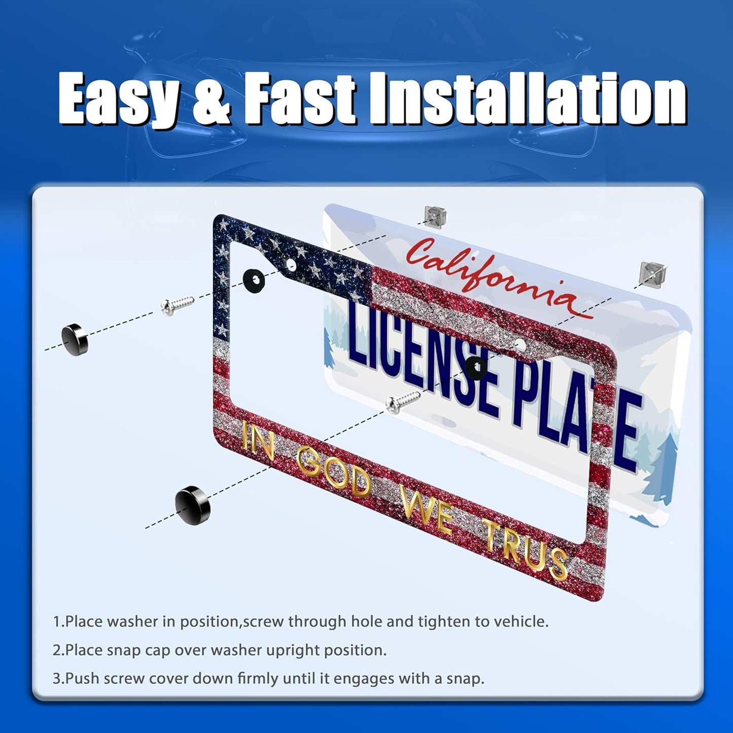in God We Trust License Plate Frame American Flag License Plate Stainless Steel Funny License Plate Holder Personalized Christian Car Accessory Decoration 12.3" x 6.3"for Men Women