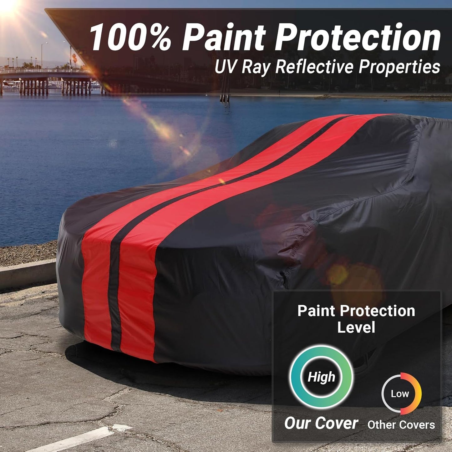 iCarCover Custom Car Cover for Pontiac Bonneville (1959-1970) Waterproof All-Weather Rain Snow UV Sun Protector Full Exterior Indoor Outdoor Car Cover (Stripe - Black/Red)