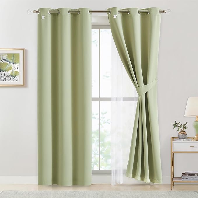 Bujasso Sage Green Blackout Curtains with Sheer Overlay Mix and Match Double Layer Thermal Insulated Window Panels 90 inch for Living Room Bedroom Green Drapes with Tiebacks Grommet Top 54" Wx90 Lx2