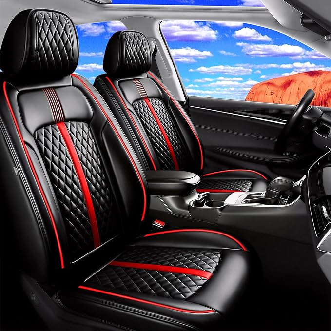 Fit CX-30 Car Seat Covers for Select Mazda CX30 2020-2025 - Premium Full Coverage Leather, Airbag Compatible, Luxury Waterproof All Weather Breathable Seat Protector, Full Set, Red Trim