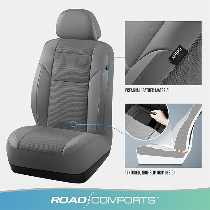 Road Comforts Full Set Leather Mesh Car Seat Cover - Front and Rear, Breathable & Stylish, Airbag Compatible, Universal Fit for Cars, SUVs, Trucks, and Vans - Gray