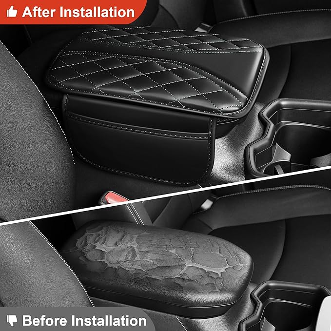 Center Console Cover Fit for Kia Sorento 2003-2025 with 2 Storage Bags Waterproof Leather Quilted Pattern Car Armrest Cover Cushion Anti - Slip(002#Black)