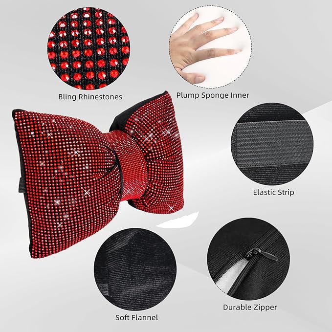4 PCS Bling Car Pillows,Rhinestones Bowknot Car Headrest Pillow,Car Neck Pillow for Driver Relax Necksupport,Sleeping Travel Support Neck Pillow,Shiny Diamond Interior Accessories for Women,Red