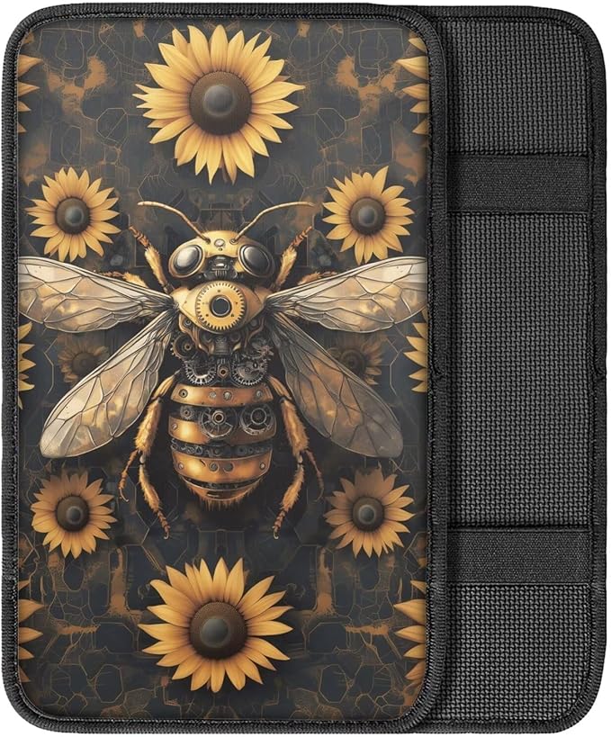 Suobstales Bee Sunflower Print Car Armrest Pad Soft Center Console Arm Rest Protector Cover Universal Car Interior Accessories Decoration