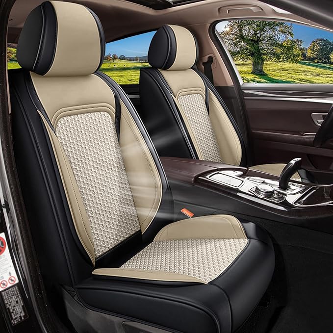 Car Seat Covers Front Seats for Subaru Ascent 2019-2024 2025 2026 - Breathable Cooling Ice Silk Leather Seat Cover - 2 Seats for Subaru Ascent Accessories (Black&Beige)