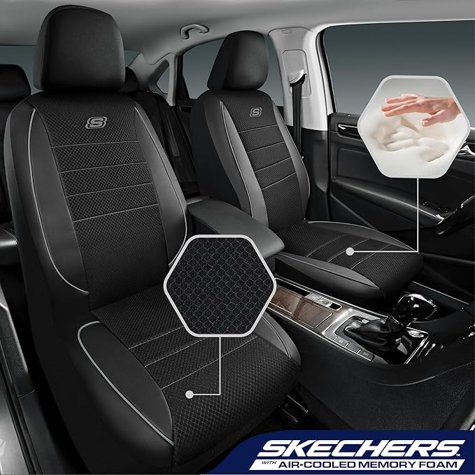 Skechers Air-Cooled Memory Foam Seat Covers,Mesh Thick Car Seat Covers,Piping Leather Car Seat Covers Front Seats,Airbag Compatible,Automotive ComfortUniversal Fit Most Cars,Vans,Truck,SUV,Gray