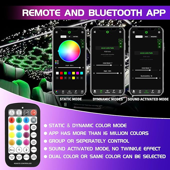 ATOKEE 32W Dual Color Starlight Headliner Kit, Sound Activated Fiber Optic Star Roof Lights with APP/Remote Control, 750pcs*(0.03+0.04+0.06in)*9.8ft
