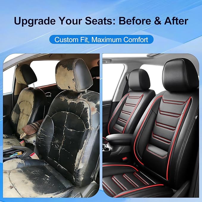 Fit RAV4 Car Seat Covers (Front Pair) for Select Toyota RAV 4 2013-2026 /RAV4 Hybrid - Premium Full Coverage Leather, Airbag Compatible, Waterproof & All Weather Seat Protector, Red Trim