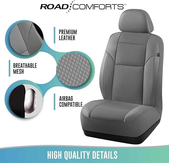 Road Comforts Full Set Leather Mesh Car Seat Cover - Front and Rear, Breathable & Stylish, Airbag Compatible, Universal Fit for Cars, SUVs, Trucks, and Vans - Gray