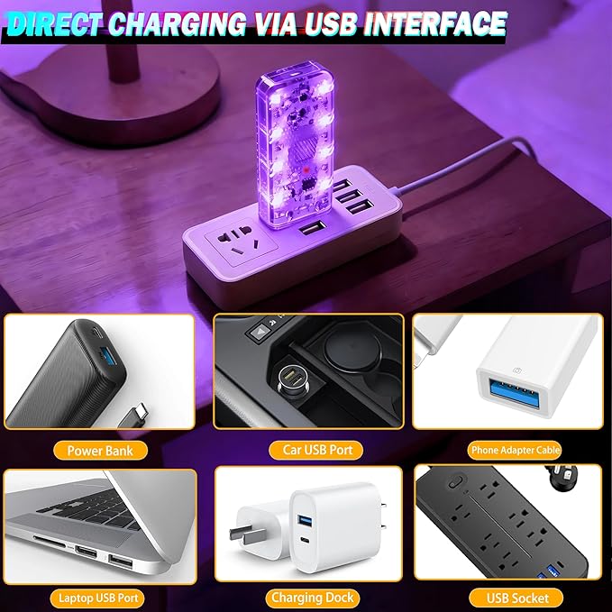 4 PCS Car LED Lights, USB Plug-in Rechargeable 8 High-Brightness LED Beads, Portable Mini Touch Control Dimmable Night Light for Car/Bedroom/Party/Holiday Decoration (2 Green & 2 Purple)