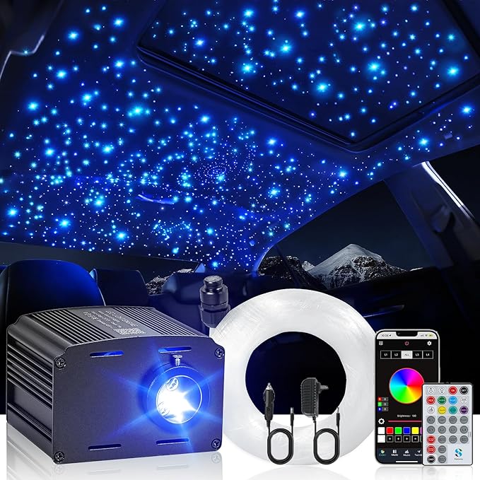 Car Starlight Headliner Kit, Twinkle & Sound Activated RGBW 16W 500pcs*0.02in*9.8ft Fiber Optic Starlight Kit with APP& Remote Controlled, Star Lights for Ceiling Car Roof/Home Theater