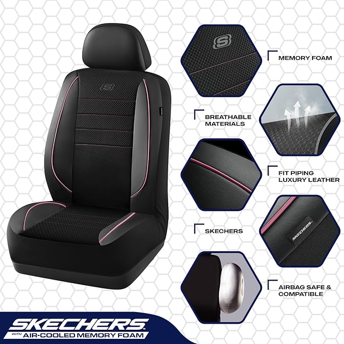 Skechers Air-Cooled Memory Foam Seat Covers,Mesh Thick Car Seat Covers,Piping Leather Car Seat Cover,Airbag Compatible,Automotive Comfort for Most Cars, Vans, Trucks, SUV(Pink, Full Set)