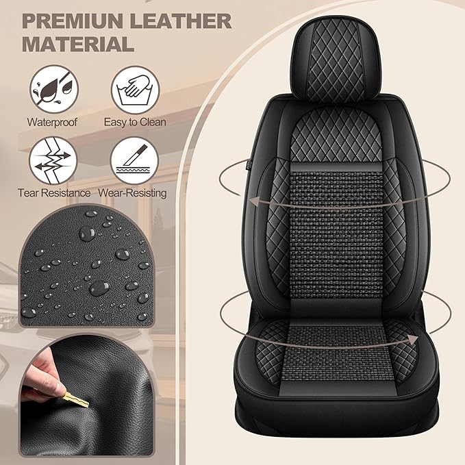 TTX LIGHTING for Acura TL 2004-2014 Car Seat Covers, Breathable Ice Silk & Leather Seat Protector, Cool & Anti-Sweat for Long Driving, Airbag Compatible, 2 Front Seats (Black)