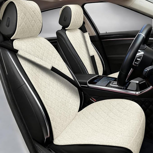 2PCS Linen Car Seat Covers Front Seats,Breathable Cloth Fabric Car Seat Protector - Universal Cloth Seat Covers Fit for Cars, Vans, SUVs, Trucks and for All Seasons - Beige