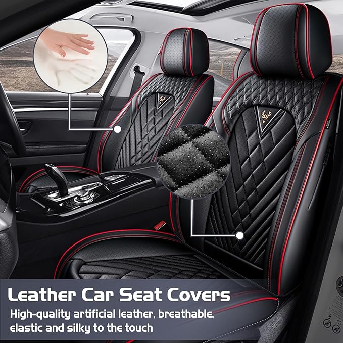 Truck Seat Covers for Ram 3500 2009-2026, Waterproof Premium Leather Full Coverage Car Seat Cover, Muscle Sport Style Auto Interior Seat Cover Sets (Front Set/Black Red)