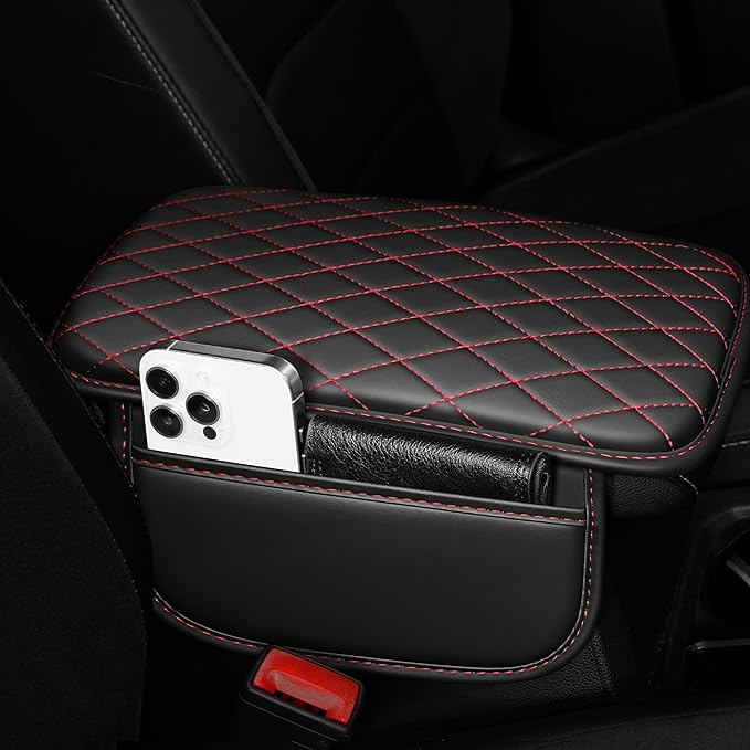 Center Console Cover Fit for Kia Optima 2006-2020 with 2 Storage Bags Waterproof Leather Quilted Pattern Car Armrest Cover Cushion Anti - Slip(Black&Red Line)