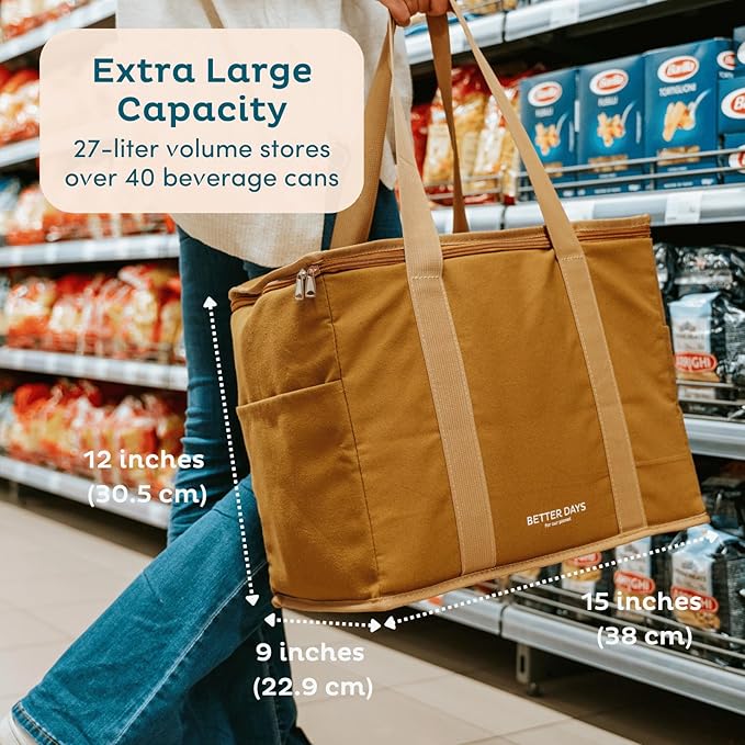 Nook Theory Reusable Insulated Grocery Bag - Leak Proof, X Large Cooler Bag - Insulated Shopping Bags for Groceries - Travel Cooler Bag for Frozen and Hot Food with Zippered Top (Ocean)