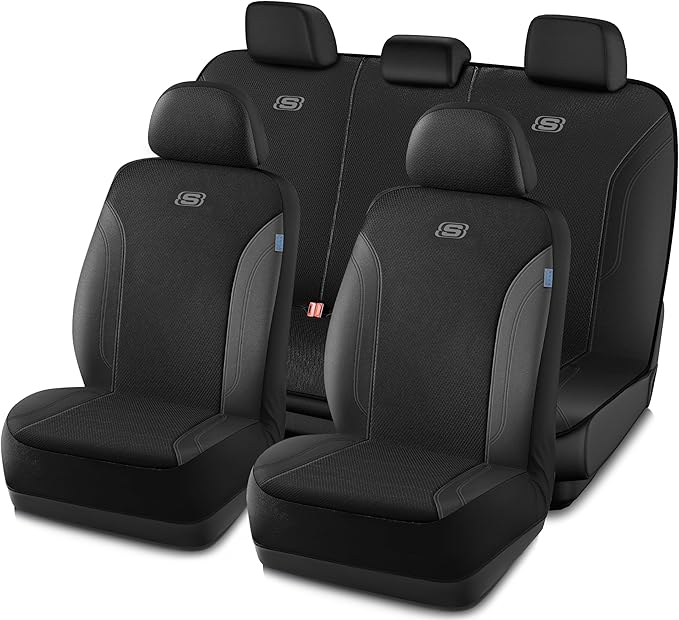Skechers Car Seat Covers, Work Leather Seat Covers 5-Times Stronger Built-in Webbing, Oxford Fabric Seat Cover Full Sets, Airbag Compatible, Automotive Comfort for Cars, Trucks, SUVs,Black