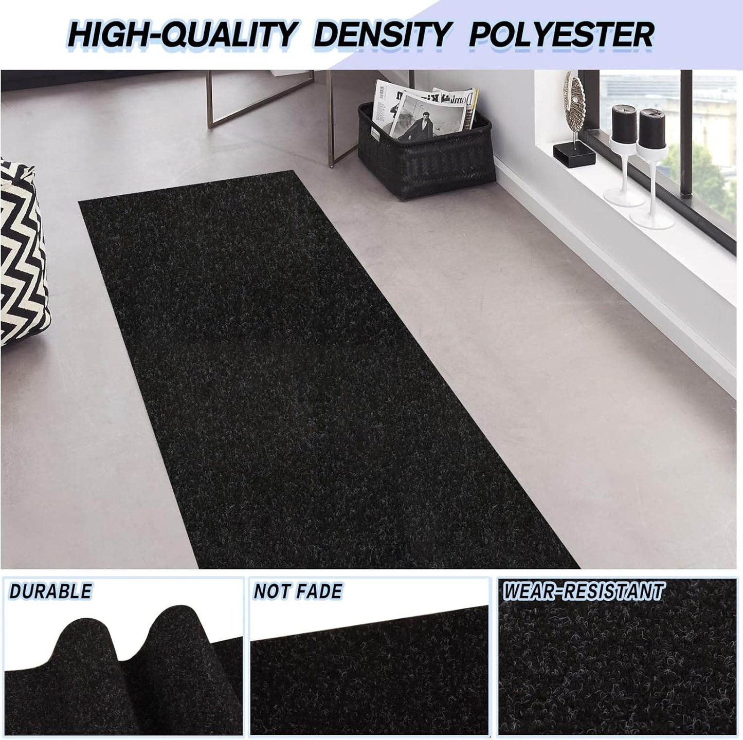 Custom Size Backed Non-Slip Area Rugs Runner, Easy Clean, Waterproof Runner Rugs for Hallway Entryway, Kitchen, Laundry, 2FT x 53FT, Black