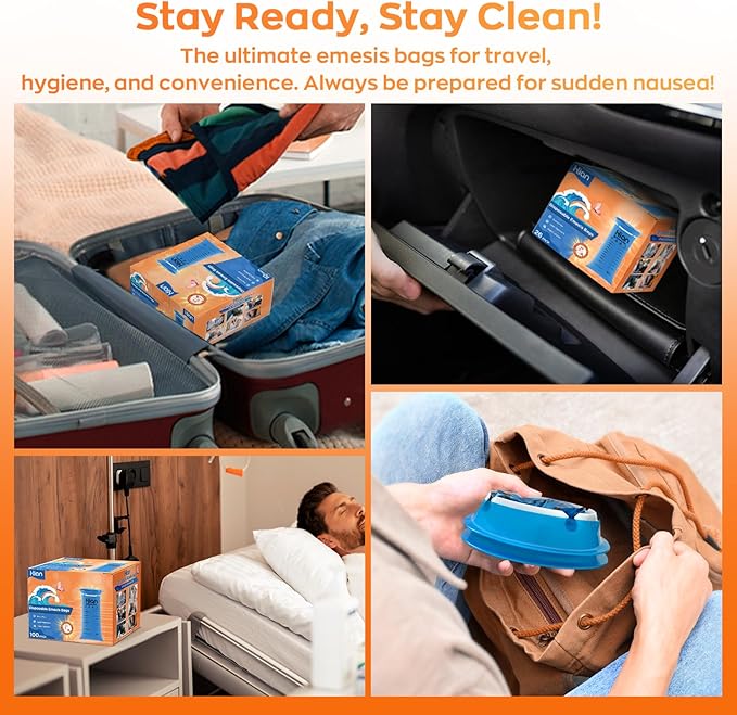 Hion Vomit Bags Disposable – 200 Pack 1000ml Emesis Bags – Leak Resistant, Medical Grade, Portable – Perfect for Motion, Car & Aircraft Sickness, Pregnant Women