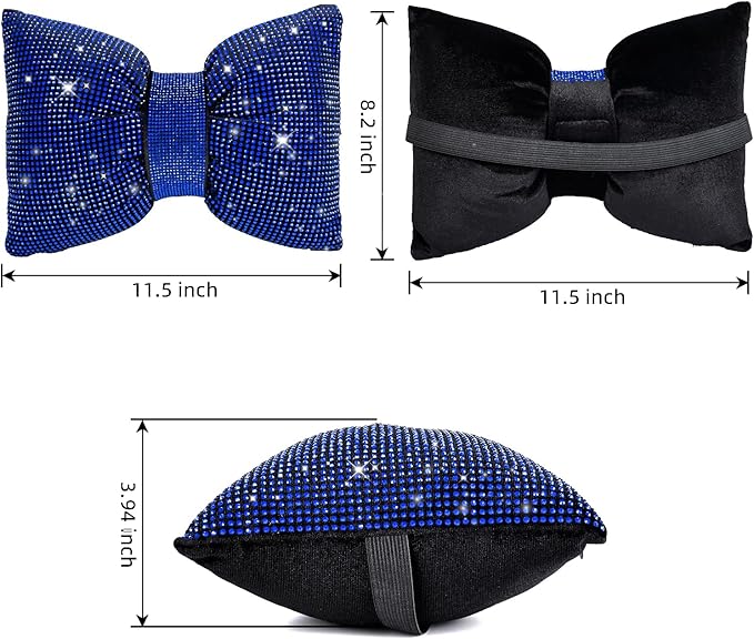 2 PCS Bling Car Pillows,Rhinestones Bowknot Car Headrest Pillow,Car Neck Pillow for Driver Relax Necksupport,Sleeping Travel Support Neck Pillow,Shiny Diamond Interior Accessories for Women,Blue