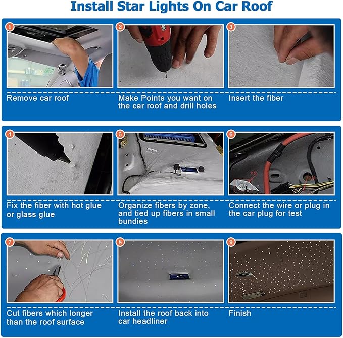 AMKI Mini 6W Starlight Headliner Kit 600pcs 0.03in 9.8ft,Twinkle+Sound Activated Fiber Optic Light 4Lamp Beam Starlight Box APP/Remote Control for Car Home Star Ceiling Decoration