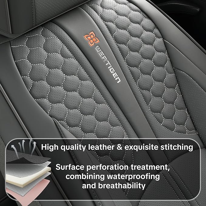 Car Seat Cover Set, Gray Automotive Interior Accessories, with Lumbar Support, Premium Nappa Leather, Waterproof, Non-Slip, Easy Installation, Universal Fit, Airbag Compatible
