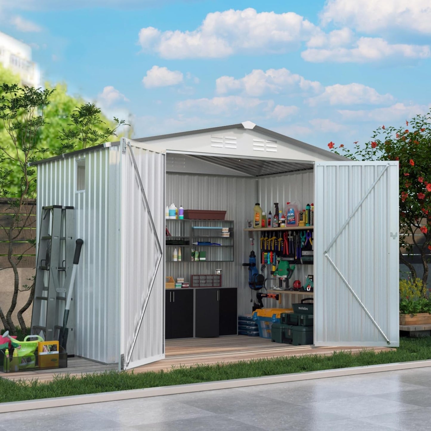 8x5.7x6FT Storage Shed, Outdoor Galvanized Steel Garden Shed with Lockable Door & Window, Waterproof Metal Tool Storage for Garden, Backyard, Patio, Lawn