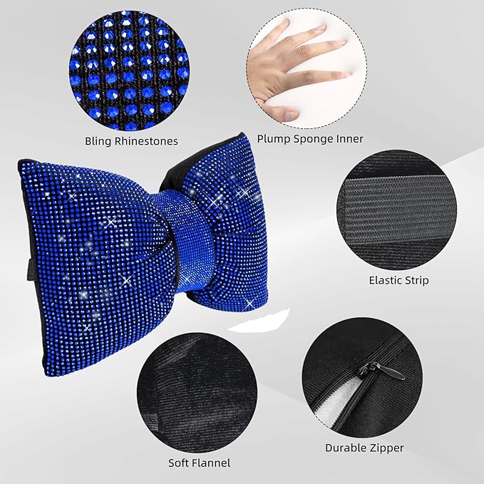 2 PCS Bling Car Pillows,Rhinestones Bowknot Car Headrest Pillow,Car Neck Pillow for Driver Relax Necksupport,Sleeping Travel Support Neck Pillow,Shiny Diamond Interior Accessories for Women,Blue