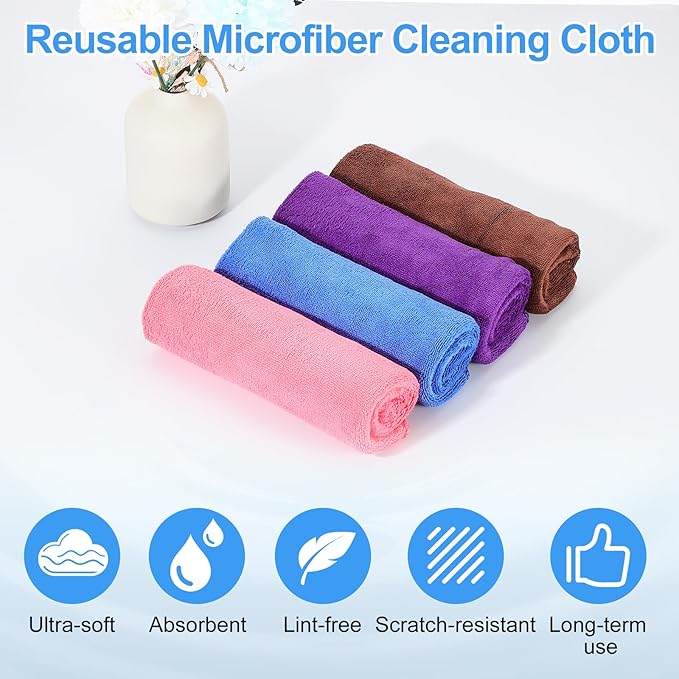 HARFINGTON 4 Pack Microfiber Cleaning Cloth, 10" x 10" Multi-Functional Cleaning Towels Reusable Absorbent Rags with Hook for Car Wash Kitchen Household Window Clean, Rose Red
