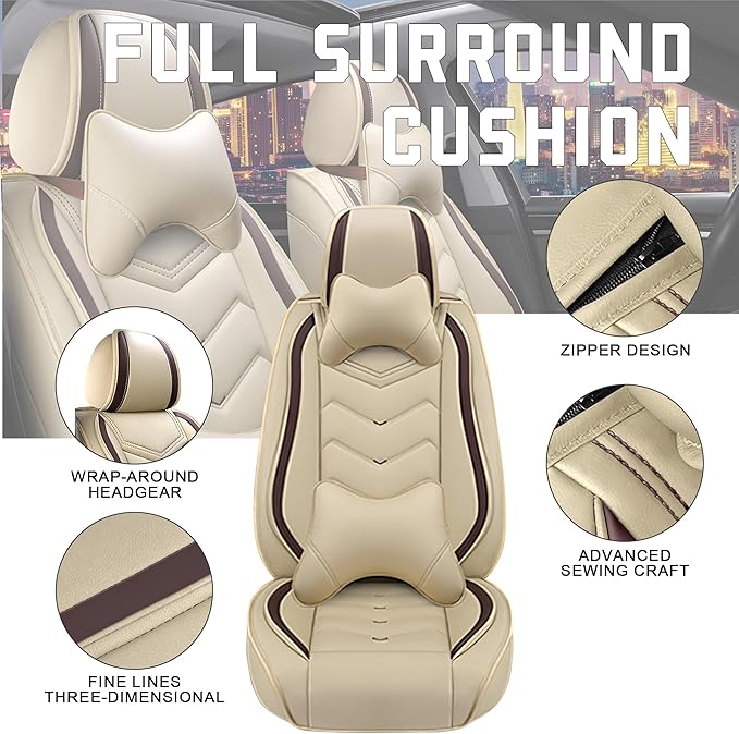 CTDS Car Seat Covers for Hyundai Kona 2018-2026, Stylish Sport Seat Cover, Premium Nappa Leather Car Seat Cover. Automobile Seat Covers Sets.(Luxury 5 Seats/Beige)