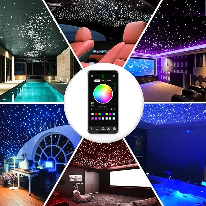 16W Twinkle Starlight Headliner Kit, 300pcs of (0.03+0.04+0.06in)*9.8ft Fiber Optic Strands Bluetooth APP/Remote/Music Control, RGBW Star Ceiling Light Kit+Adapter+Car Use Plug for Car