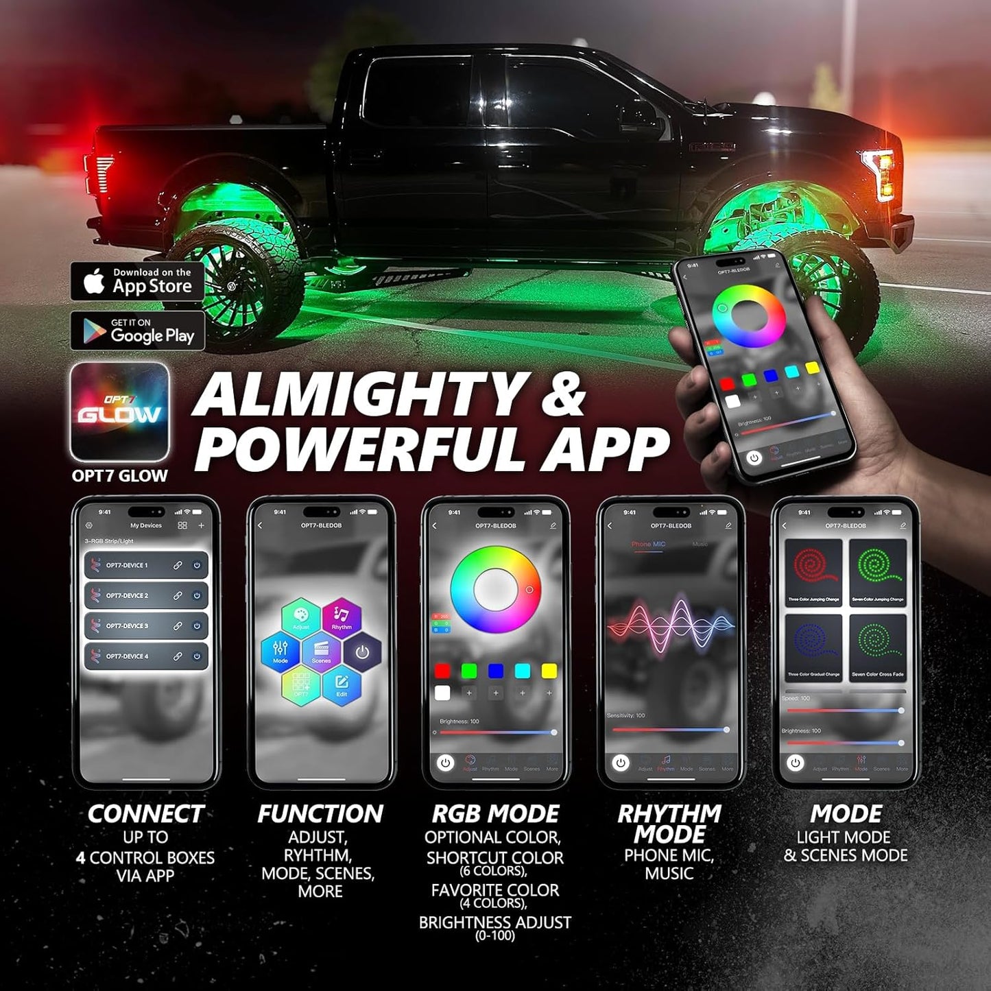 OPT7 Photon RGB LED Magnet Rock Lights with APP & Remote Control, 4 Red Pods Wide Angle Multicolor Neon Underglow Lighting Kit with Extension Wire, IP68 Waterproof for Offroad Truck Jeep RZR ATV UTV