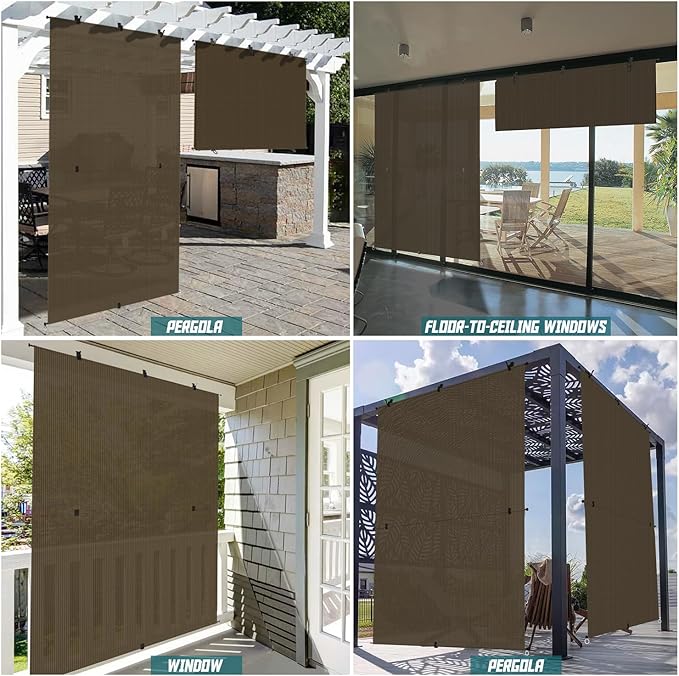 Bynbbur 6'W x 10.5'H Outdoor Patio Shades Foldable Roller Blinds, 220 GSM Sun Shade Roll Up Porch Screens Exterior Shade Cloth for Deck Pergola Backyard, Brown