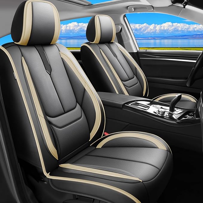 Fit Camry Car Seat Covers for Toyota Camry 2012-2024 2025 2026 -Upgraded Premium Waterproof & Breathable Leather,Airbag Compatible,All-Weather Seat Cushion Protector,Full Set,Black-Beige