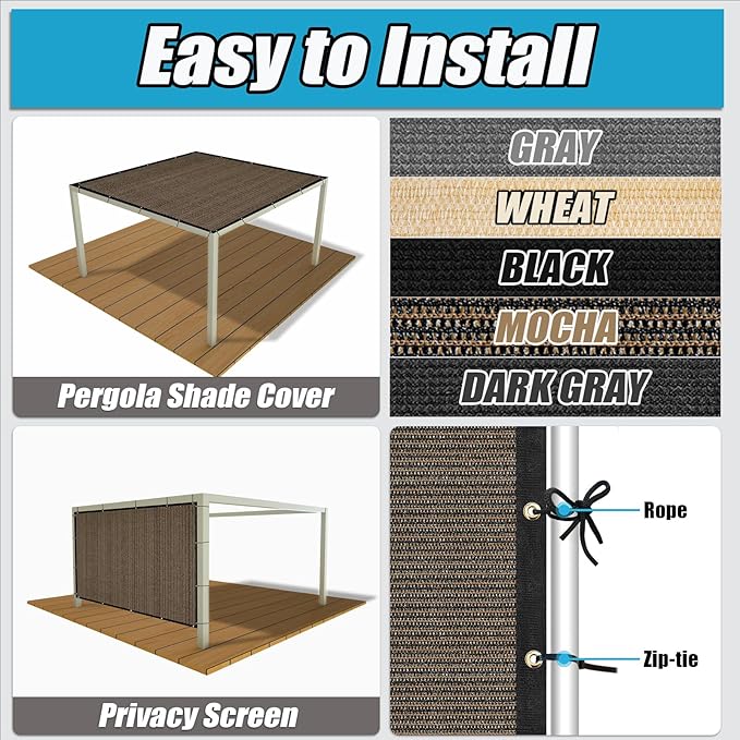 Amagenix 90% Shade Fabric 4'X 24' Mocha Sun Shade Cloth with Grommets for Pergola Replacement Shade Cover Canopy, Heavy Duty, Cable Zip Ties Included (We Customized)