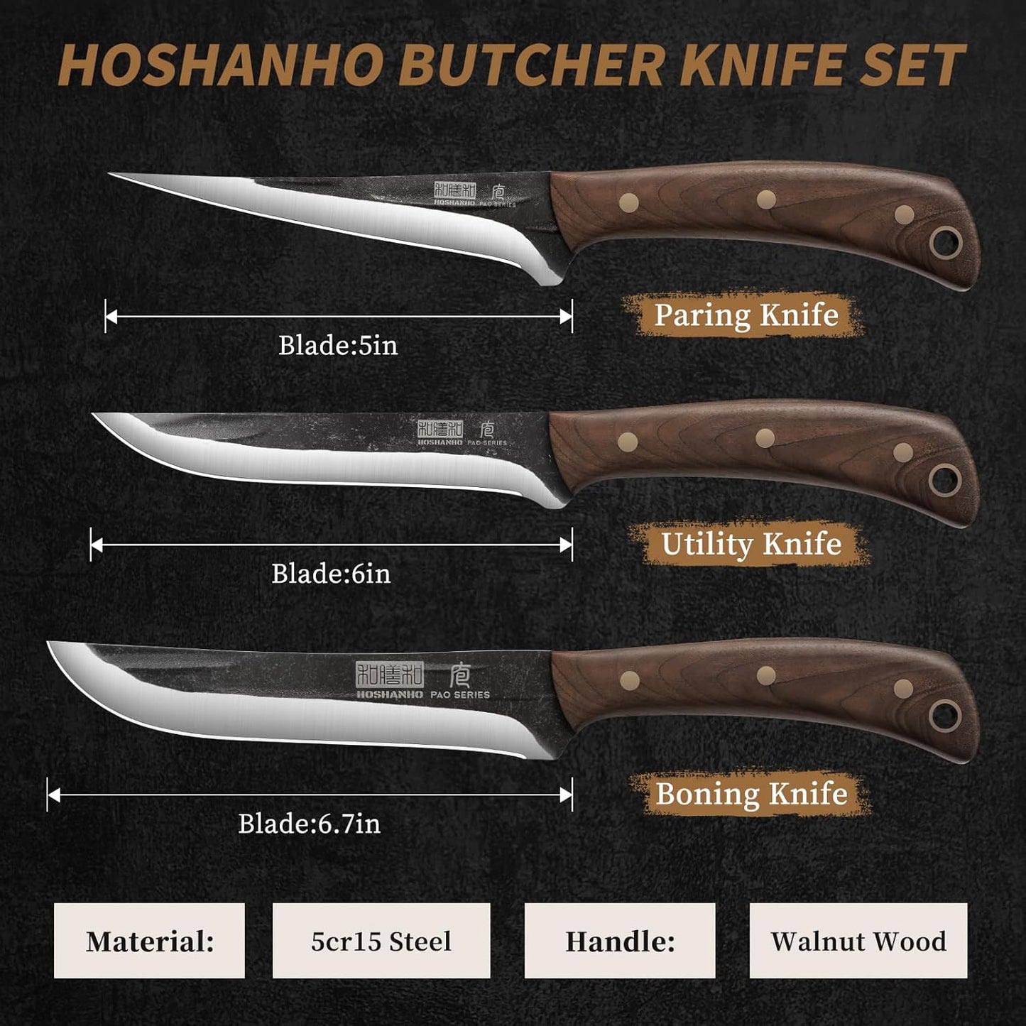 Butcher Knife Set 3-Piece, Super Sharp Hand Forged Fillet Knife & Dividing Knives & Paring Knives Set, Upgraded High Carbon Stainless Steel Meat Cutting for Home, Outdoor