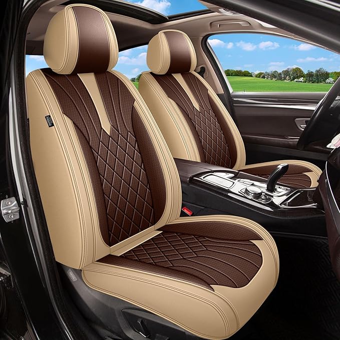Breathable Car Seat Covers for Nissan Sentra 2008-2025 2026, Front Seats, Perforated Leather, Seat Protector, Interior Trim for Nissan Sentra Accessories (Beige&Brown)
