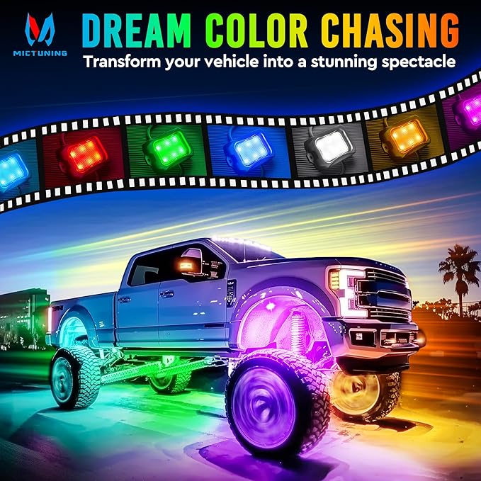 MICTUNING C2+ RGB+IC Rock Lights - 8 Pods Dynamic Chasing Color Underglow Neon Kit, Extensible to 24 Pods, Bluetooth APP Control & IP68 Waterproof, for Trucks Cars ATV UTV Golf Cart (2 Year Warranty)