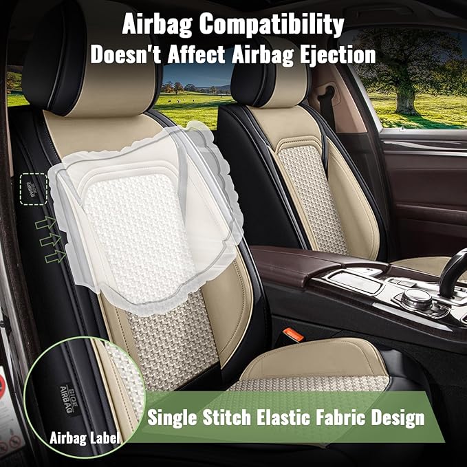 Car Seat Covers Full Set for Subaru Forester 2007-2025 2026 - Breathable Cool Ice Silk Leather Seat Covers - 5 Seats for Subaru Forester Accessories - Black&Beige