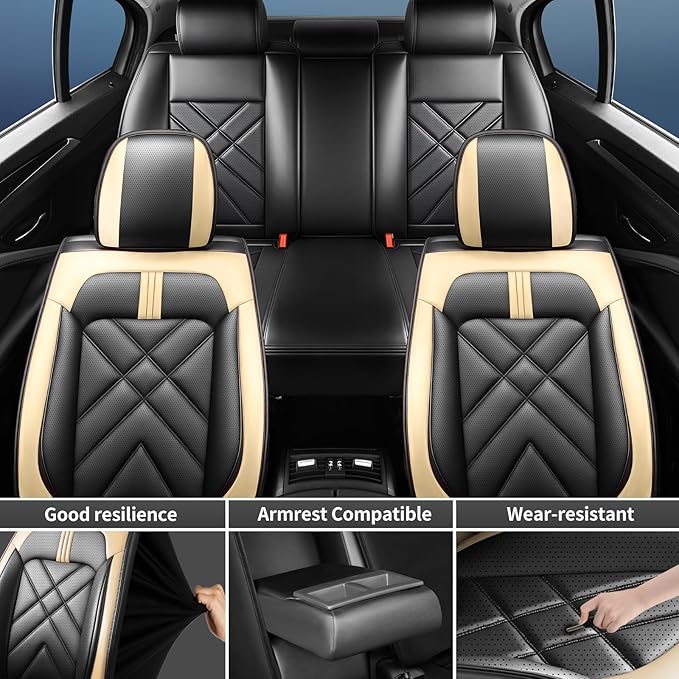 CX-90 Car Seat Covers Custom Fit for Mazda CX-90 2007-2026, Full Coverage Premium Leather Waterproof Breathable Seat Covers, Automotive Seat Protectors, Airbag Compatible(5 Seats, Black Beige)