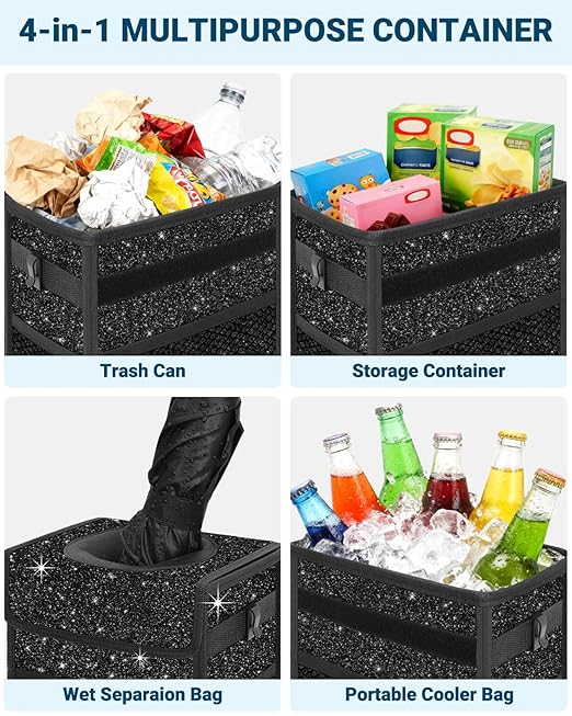 Capolo Car Trash Can with Lid, Leakproof Car Trash Bag Hanging Waterproof Automotive Garbage Can with Storage Pockets Mini Vehicle Trash Bin for Back/Front Seat(Sparkly Black,2.5 Gallon)
