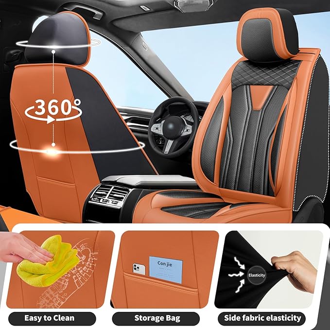 Fit Sentra Car Seat Covers Compatible with Nissan Sentra 2001-2025 2026 - Premium Leather， Waterproof Breathable， All-Weather Seat Cushion Protecto&Airbag Compatible (2 Front Seat Orange&Black)