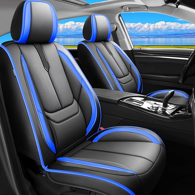 Fit Santa Cruz Car Seat Covers for Hyundai Santa Cruz 2022-2025 2026-Upgraded Premium Waterproof & Breathable Leather,Airbag Compatible,All-Weather Seat Cushion Protector,Full Set,Black-Blue
